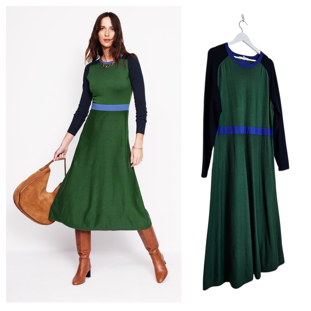 Boden Marta Knit Midi Dress Womens Size 16-18R Pine Navy Colorblock Fit & Flare